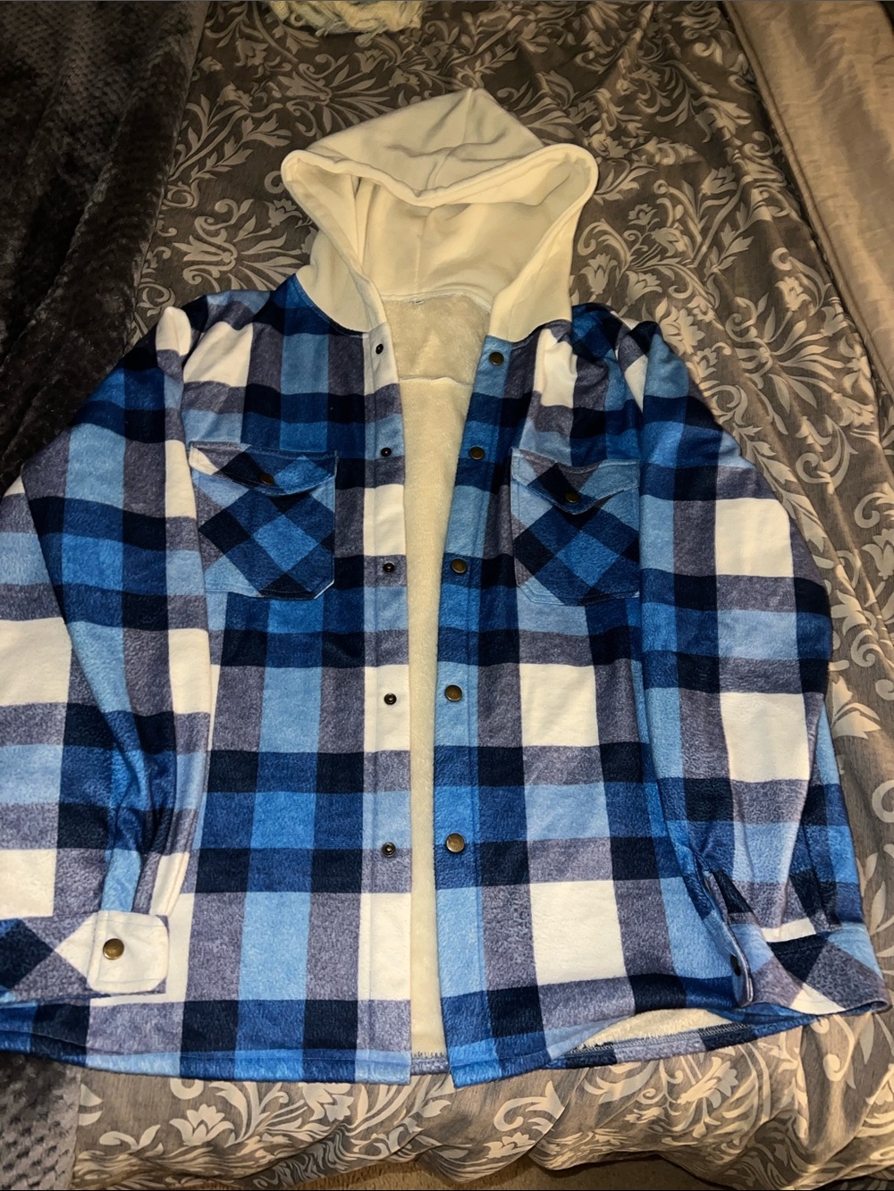 Blue and White Plaid Hooded Flannel Shirt Jacket